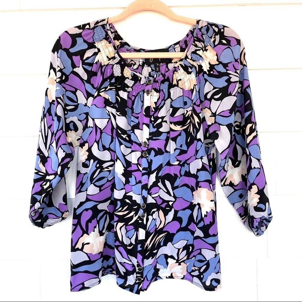Yumi Kim Silk Button Up Blouse Purple Blue Flowy Sz S Feminine Work Peasant